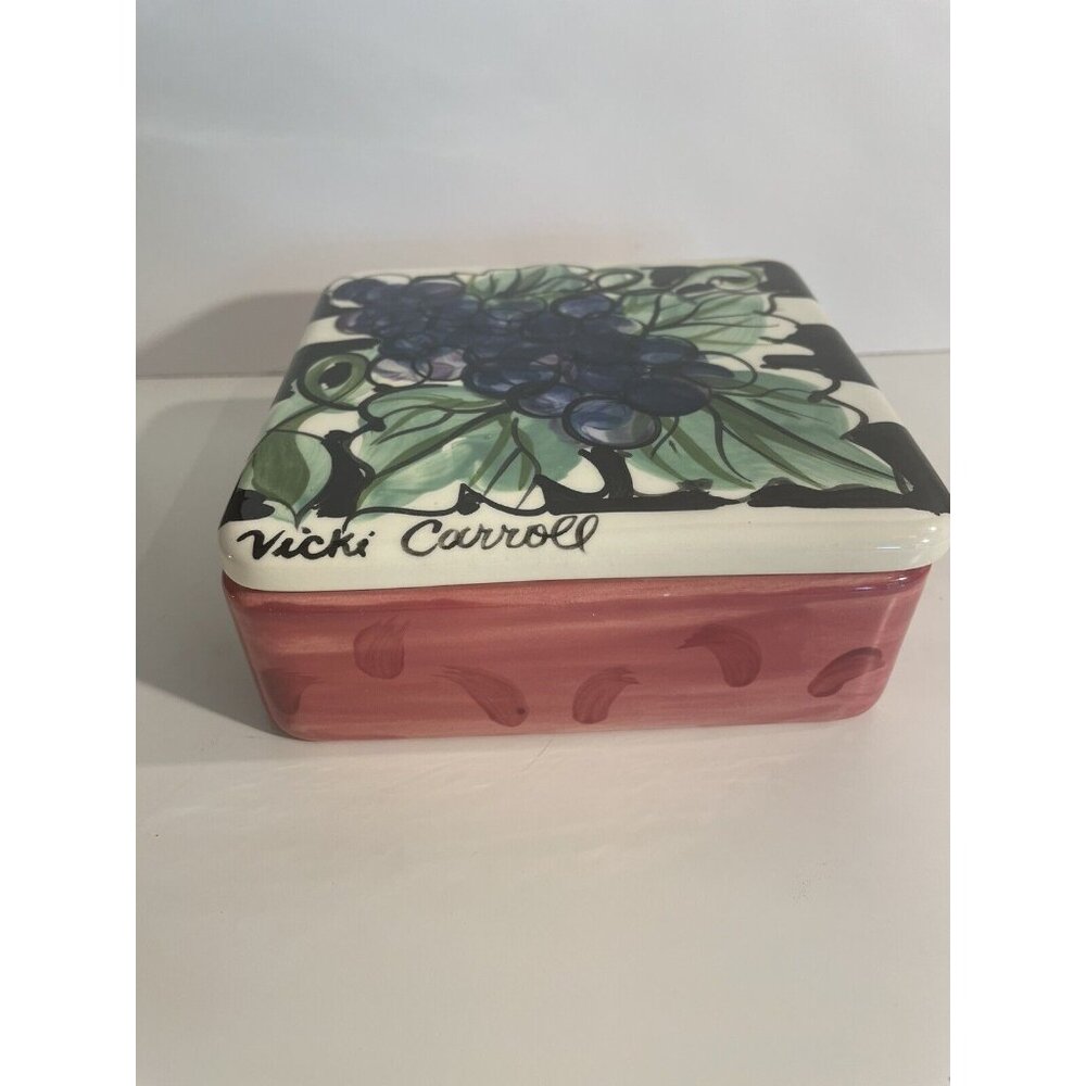 Vicki Carroll‎ Large Trinket Box Ceramic Grapes Hand Painted Signed Vintage Rare
